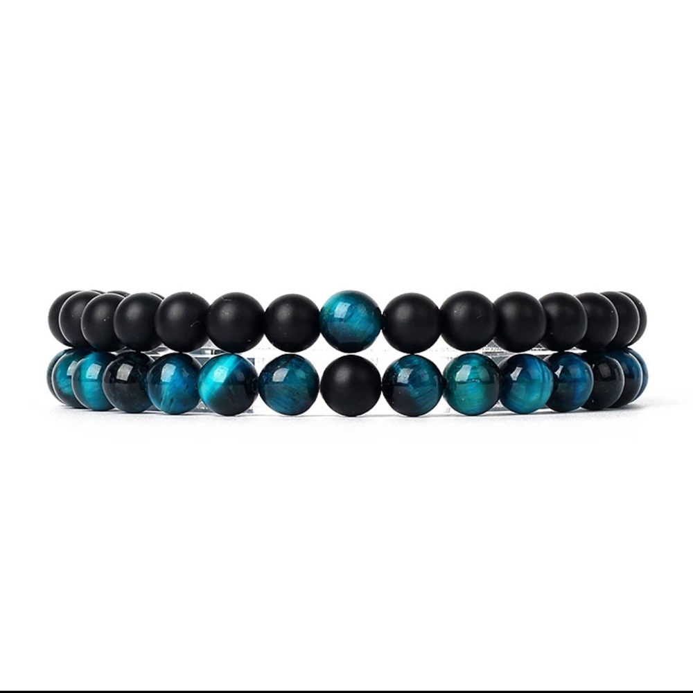 Men’s Bracelet Set BlueTiger Eye & Matte Onyx Stretch beaded